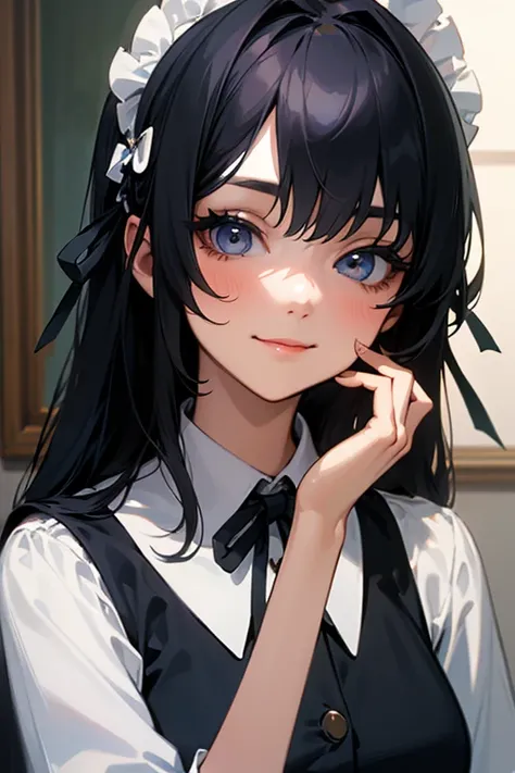 (       Highest Resolution  ,       clear      _ images)  top quality,   single,       one woman, Alone, masterpiece,       very detailed bust  ,    Semi-realistic   ,       black hairのショートヘア,       black hair, bangs, 18 years old,       mature, light blue...