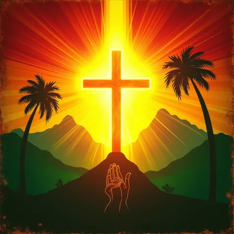 An artistic album cover blending reggae and Christian elements. A glowing cross is featured at the center, surrounded by vibrant Rastafarian-inspired colors (red, gold, green) radiating outward like sunbeams. The background includes subtle outlines of moun...