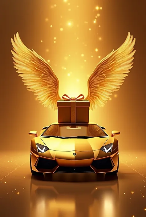 "Create a high-resolution image featuring a luxury sports car, specifically a gold Lamborghini, positioned at the center of the frame on a reflective surface to highlight its elegant design. Above the car, place a large gift box with angel wings extending ...