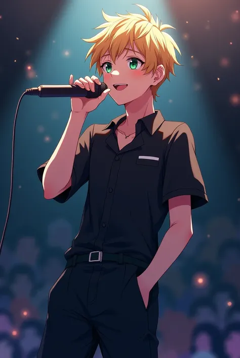 Anime adult boy, blonde hair, green eyes smiling, singing with mic, on stage, black shirt, black pants, white skin. 