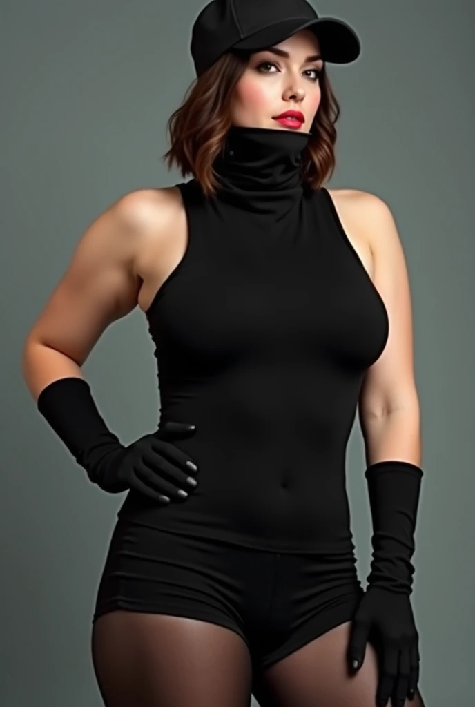 A woman wearing black very short tank top. She wears black tights with black gloves and long black socks. she wears black neck gaiter pulled down on face. Her hairs are short length. She have large breasts. Her hairs are covered in black cap.