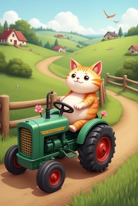 1Driving Tractor in Countryside: A pregnant cat driving a small tractor along a dirt path in a peaceful countryside setting. The tractor is decorated with flowers, and the landscape features rolling green hills, a wooden fence, and scattered farmhouses. Th...