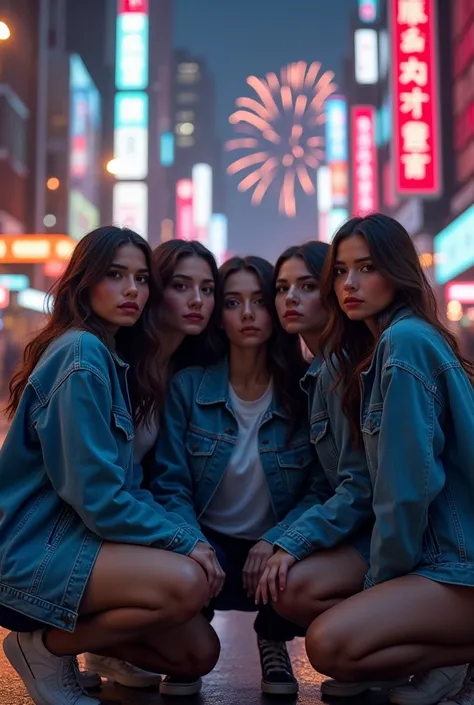 close up of 3 women and 3 men in the middle turning around wearing couple clothes, denim jackets and white shirts,, they are in a squatting pose, looking towards the front of the cyberpunk city background decorated with festive fireworks