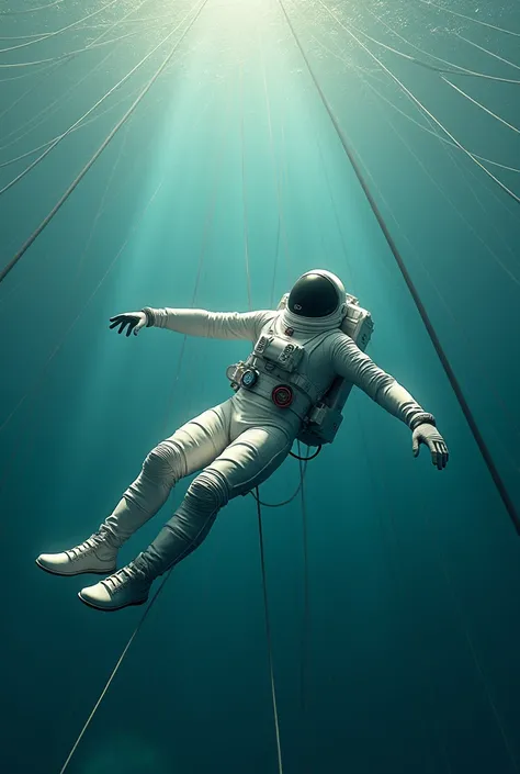 A very handsome astronaut floats in a matrix of water connected to many cables  