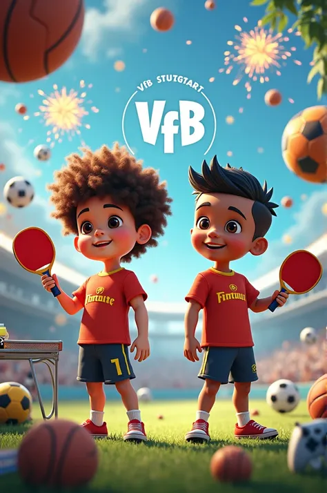  Create a picture of 2 boys ,  the first boy has fair skin and brown prominent curly hair ,  the second boy has brown skin and short black hair combed forward.
 In the background there should be the following : tennis, Table tennis  , football, Fireworks, ...