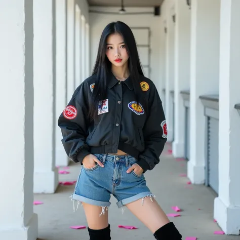  South Korean woman with CL spades with straight long black hair wearing a black jacket with red stickers, white and blue,  wearing blue denim cargo shorts with knee-high black boots , posing in a white building with gray details and pink things on the flo...