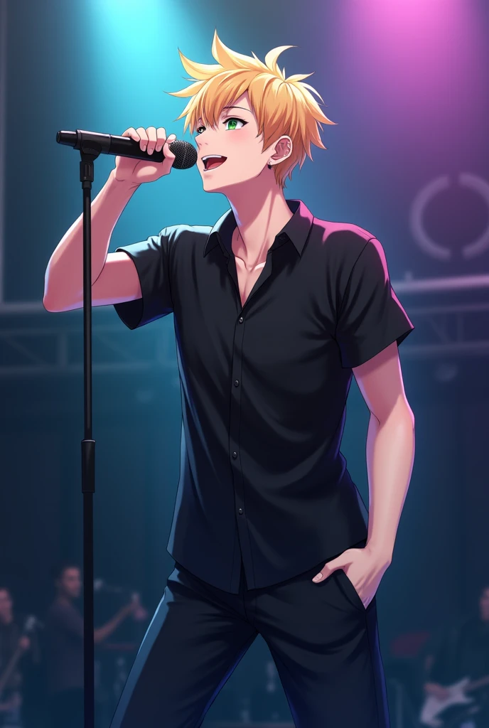 Anime adult boy, blonde hair, cool, green eyes smiling, singing with mic, on stage, black shirt, black pants, white skin. 