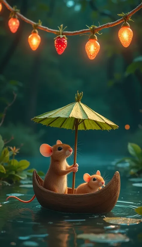 A rat with holding a leaf made up umbrella, in a small boat made up of nut, in water, two rat babies also on the boat, some strawberry plants near the river, in night, a leaf rope on which many beautiful lamps hang 