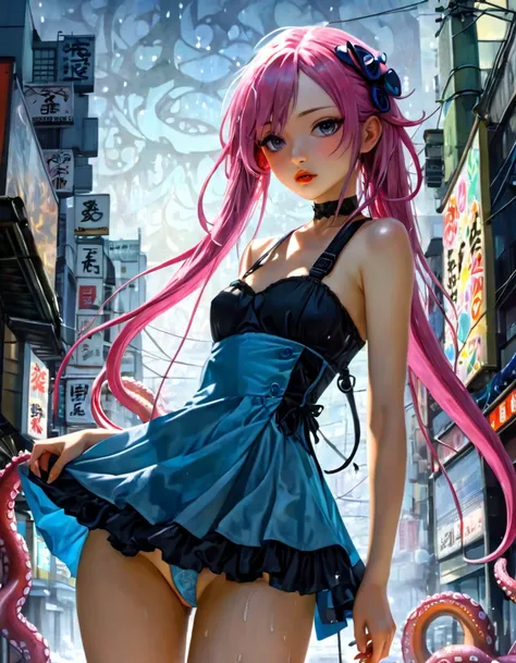 sexy pink long hair girl, mix-fus-of-{{mix-fus-of-quality-and-nsfw-and-illust-and-loli-and-slender-and-flat-and-light blue dress-and-underwear-and-kafuu chino-and-hands}}-and-{{mix-fus-of-nsfw-and-quality-and-forced orgazm-and-sweat-and-and-tentacle}}-and-...