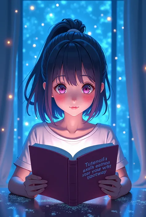 Hard work beats talent when talent doesnt work hard....A anime girl is reading it in a book...the environment will be in neon ...glitter blue rain will fall down 