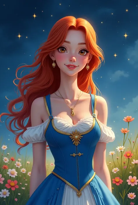  A beautiful red-haired noble lady ,  with beautiful golden eyes , snow-white skin ,  and a sweet smile ,  the woman wears a beautiful blue-and-white dress against the background of a flowering meadow and a starry night sky 