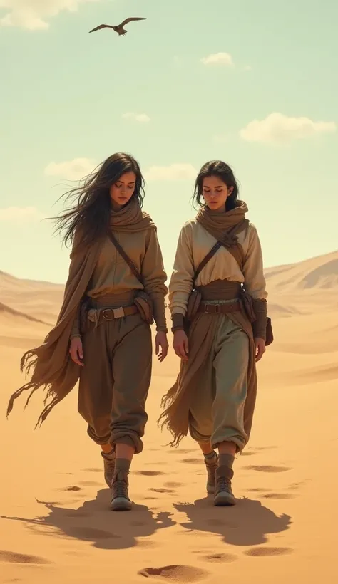 
5. **A scene of two friends continuing to walk in the desert, with meditative and sad looks on one of them