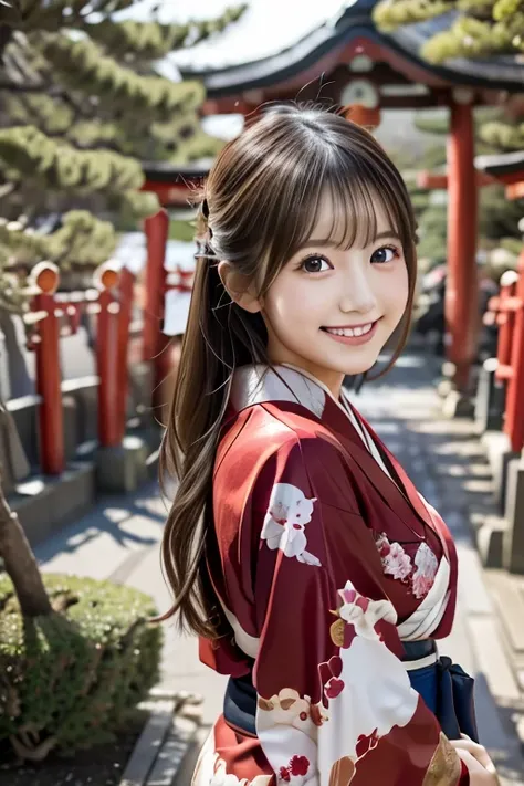  high res,masterpiece,  top quality ,   Ultra-fine, garden,Aimi-chan  ,  dark eyes, longhair ,   Japanese Girl , Smile,red kimono ,first visit of the year to a shrine,New Year