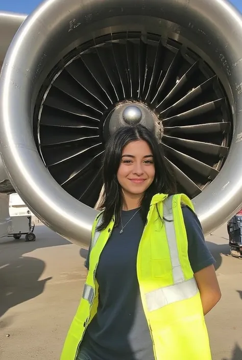 A visually captivating scene showcases a young woman casually standing near a colossal airplane engine in a brightly lit industrial hangar. The engine, with its polished metallic surface and precisely detailed fan blades, dominates the frame but leaves amp...