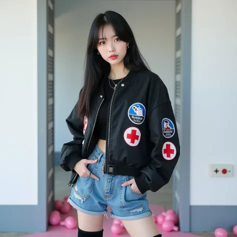  South Korean woman with CL spades with straight long black hair wearing a black jacket with red stickers, white and blue,  wearing blue denim cargo shorts with knee-high black boots , posing in a white building with gray details and pink things on the flo...