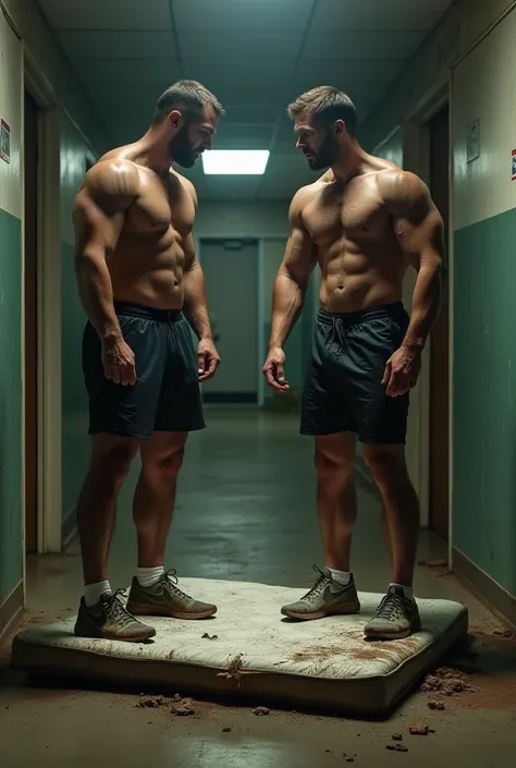 Dans un hall dentrée, des jeunes hommes sportifs en sueur et Nike boueuses, piétinent un matelas jeté par terre sous leurs pieds. Les pieds sur le matelas.