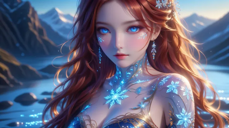 A Masterpiece In 32K Resolution, Supreme Quality, Super Detail, Official Art, Very High-Resolution 32K Wallpaper, Exquisite And Aesthetic, Ultra-Detailed Features, Awe-Inspiring Detail. A Mystical Landscape With Drifting Snowflakes, Rippling Streams, And S...