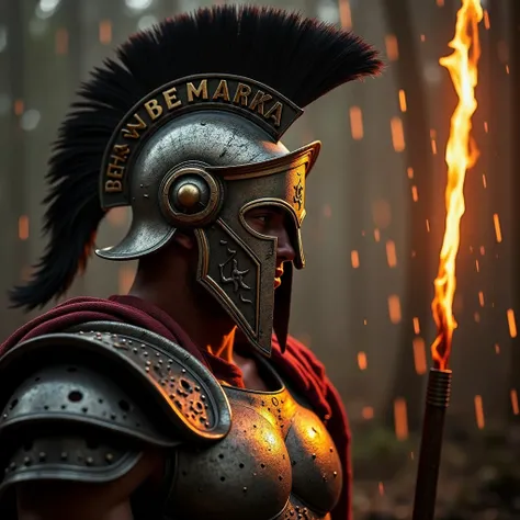  A warrior who wears the armor of a Spartan the armor is black and gold. In focus, you can see the Spartan from the side and the helmet .  He is holding a spear and in the background it is raining drops of fire . The crest of the helmet ,  which is made of...