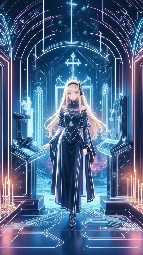  Create a photorealistic dark chapel image set , The Blonde of ,  features an anime-style girl character as the protagonist . She is depicted as an evil high priestess.,  She wears a jet black dress with an eye-catching black veil .,  blue-white skin, and、...