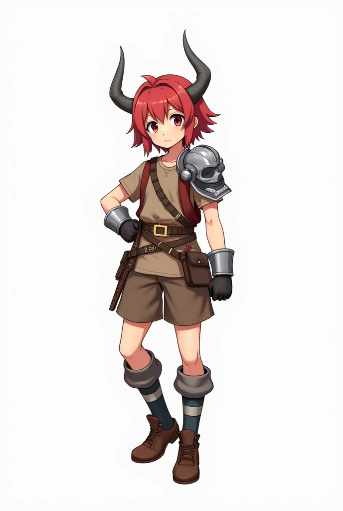  anime art 、 Characters from the early modern period 、blank background,  in various positions and expression  ,  fence wearing a brown short-sleeve t-shirt ,  brown hunting vest and brown shorts gray horns、and.、 leather sports boots  、hairstyle:  Short cut...