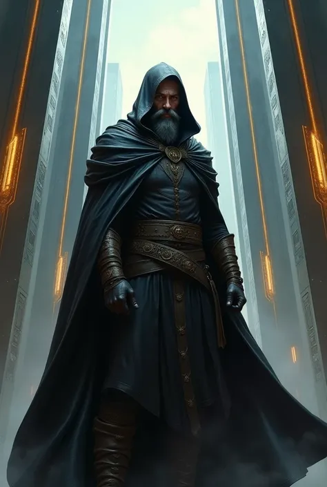 european male, black beard, mage, leather cloak, towers, art deco