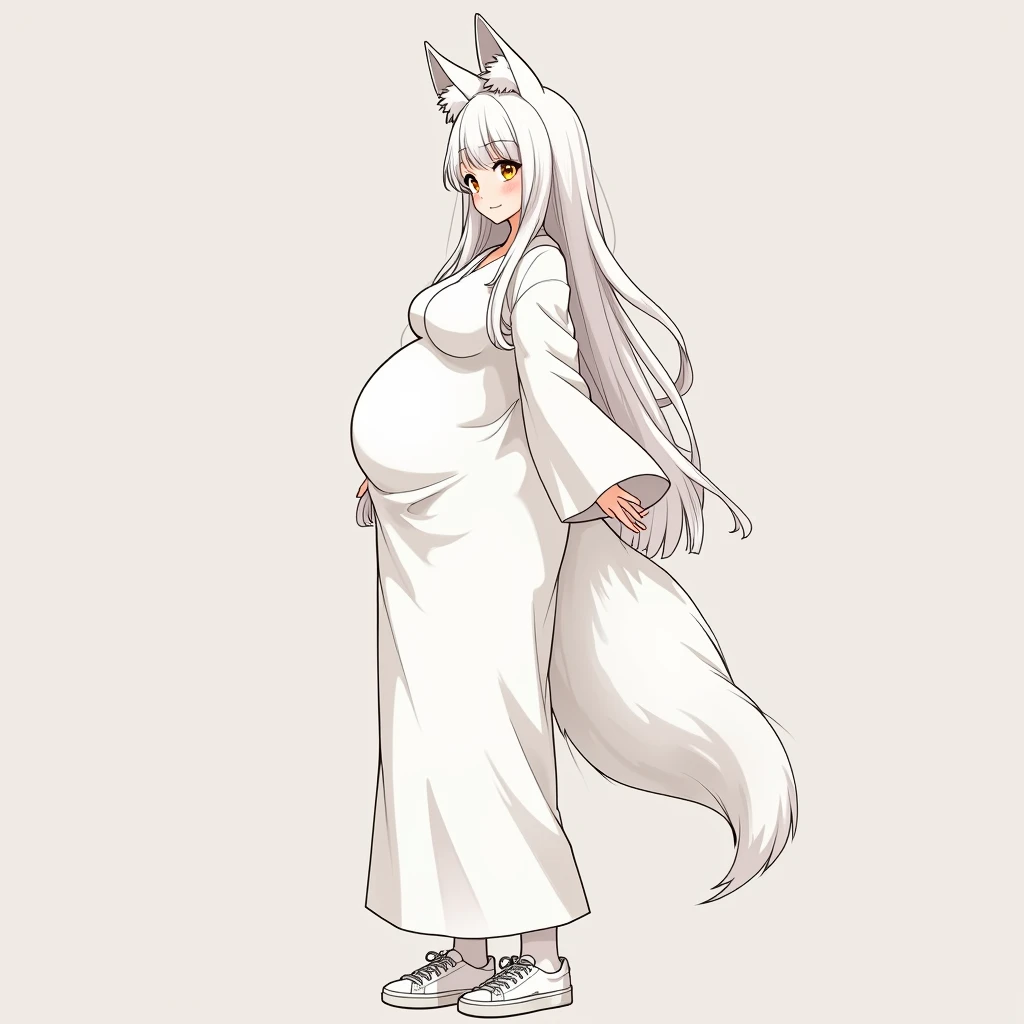 anime girl, long hair, white thin tights ,big pregnant belly girl  yellow eyes , hyper-pregnant girl, keep your finger on the pulse , white sneakers , anime style , Smile , High resolution, white hair,hyperbolized breasts,hyper-pregnant girl with a big bel...