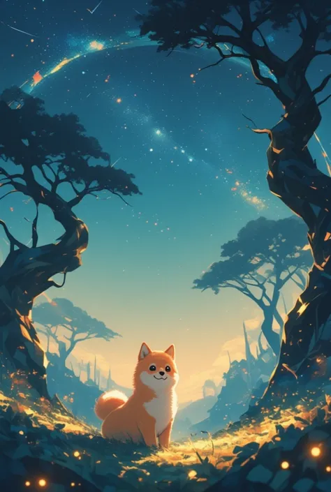 ((Cute Shiba Inu puppy)), Surrealistic, Geometric Patterns, (Pastel Tones), a starry night sky over a quiet forest, the Milky Way stretching across the heavens, faint fireflies glowing between ancient trees.

