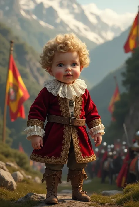 Make a baby as if he were a Castilian gentleman . in the background,  must come out of Asturian lands with the Asturian flag in the background.  He must also appear behind a scene of my  fighting 