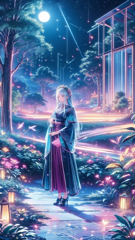  super high res,  Magical Atmosphere ,  brightly colored , Dynamic Lighting.  a girl with long silver hair 、 standing on a giant tree branch on a lantern floating in a fantastic forest,  Emerald Eyes ,  in a gown with leaves and flowers .  standing on a gi...