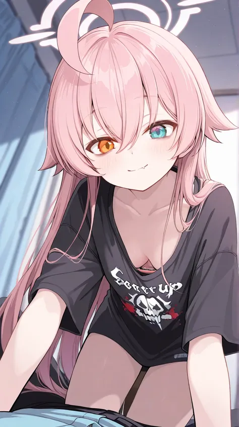 (high quality, ultra-detailed), Blue Archive, Hoshino Takanashi, looking at viewer, pink hair, heterochromia of blue (right) and orange (left) eyes, solo, emo clothes (black), dark under eyes, lovely, happy, fang, lively eyes, closed mouth, adult female, s...