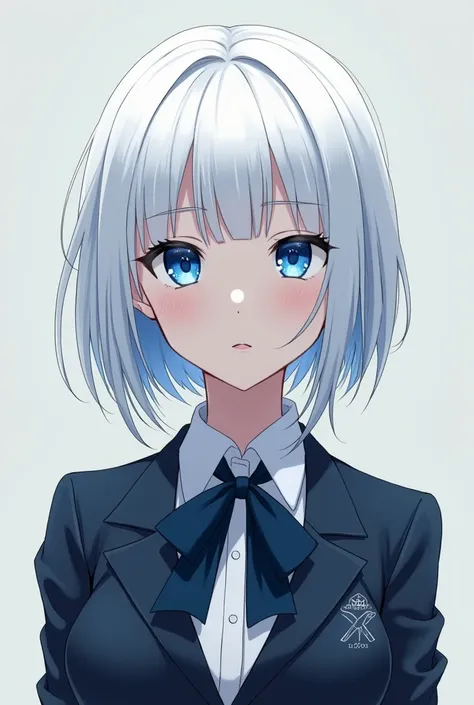 Anime adult girl, blue eyes, cold ekspression, cool, white hair, white skin, wearing highchool unifrom.