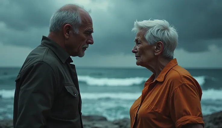 The image of a 70-year-old woman (short white hair, sharp face, orange shirt) facing a dignified figure standing defiantly near the dock. The opponents posture exudes arrogance, while Marias posture is steadfast, her eyes sharp with determination. The scen...