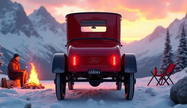 "Generate an ultra-detailed, photorealistic 3D render showcasing the full-back view of the Ford model T in Tuscan Red set against a breathtaking snowy, mountainous backdrop. Highlight its rugged rear design, polished finish, and timeless contours. The scen...