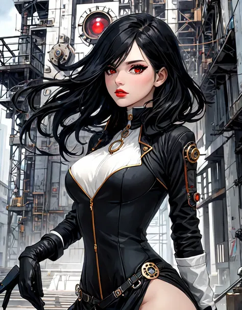 a woman dressed in anime style under a futuristic building, 1 girl, dress, alone, hair, gloves, two stories, looking at viewer, red eyes, long black hair, black gloves, long sleeves, long hair, steampunk、Short hair , black and white sketch style, art inspi...