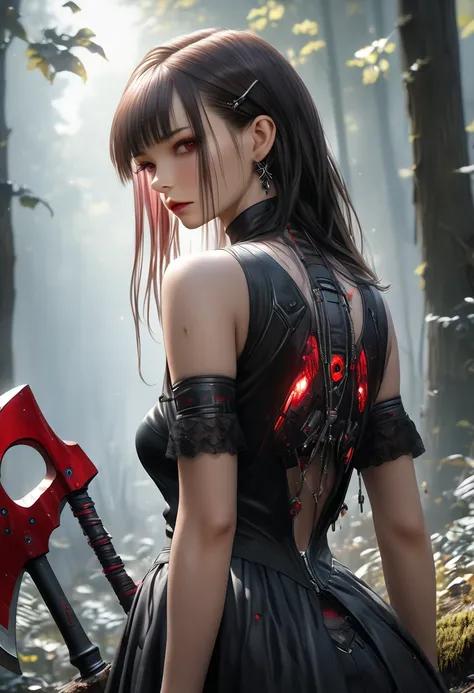  There is a woman in a dress with a big axe in the woods,  Gothic - Cyberpunk ,  Life and death ,  cyberpunk dark fantasy art ,  captivating cyberpunk dark fantasy , Life shining red on the back, 、(8k,  RAW photos ,  top quality , masterpiece:1.2), ( reali...