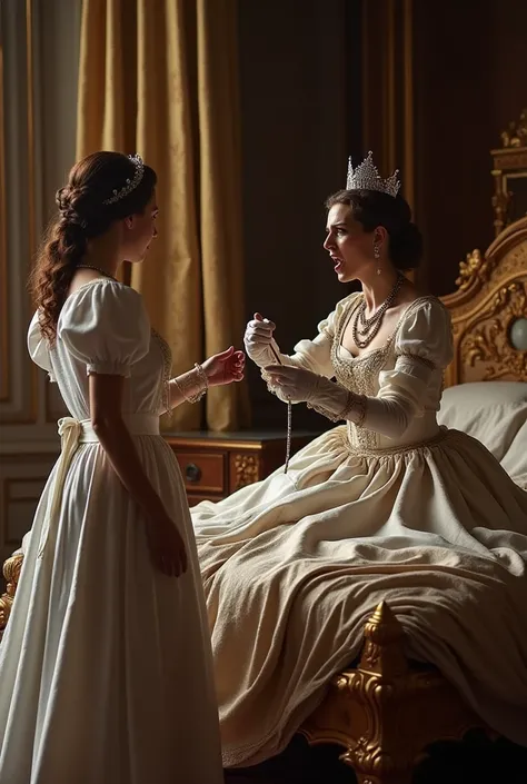 "A queen is angrily striking her maid with a whip near the grand bed inside the royal palace. The scene is intense, with the opulent surroundings of the queens chamber contrasting sharply with the act of punishment. The bed, adorned with silk sheets and go...