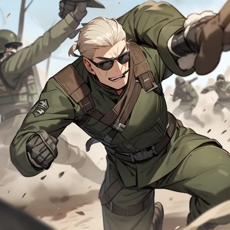 Fighting fiercely on the battlefield 、 wears sunglasses and smokes、 A cat in a tight military uniform 