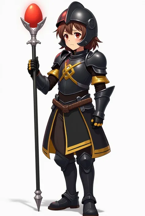 Full body image of a  boy, height 59", shoulder-length brown hair with bangs, red eyes, depressed facial expression, black armored face-open helmet, light black armor with gold highlights, 1 shoulder guard, no shirt, black knee-length battleskirt with yell...