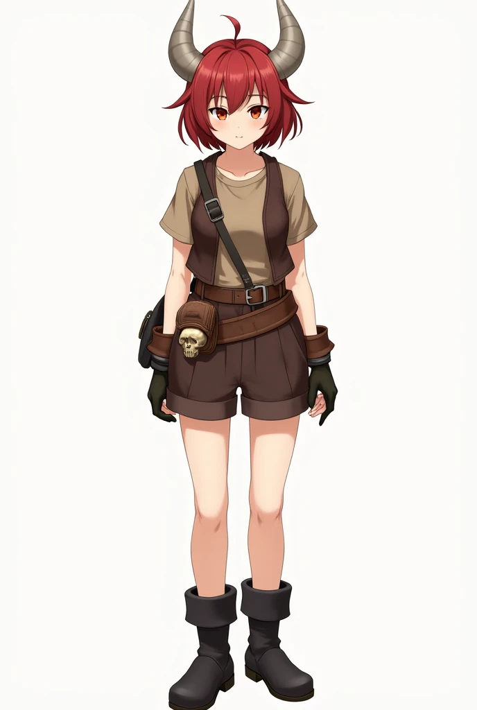 Anime Art woman 、 Characters from the early modern period 、blank background,  in various positions and expression  ,  fence wearing a brown short-sleeve t-shirt ,  brown hunting vest and brown shorts gray horns、and.、 leather sports boots  、hairstyle:  Shor...