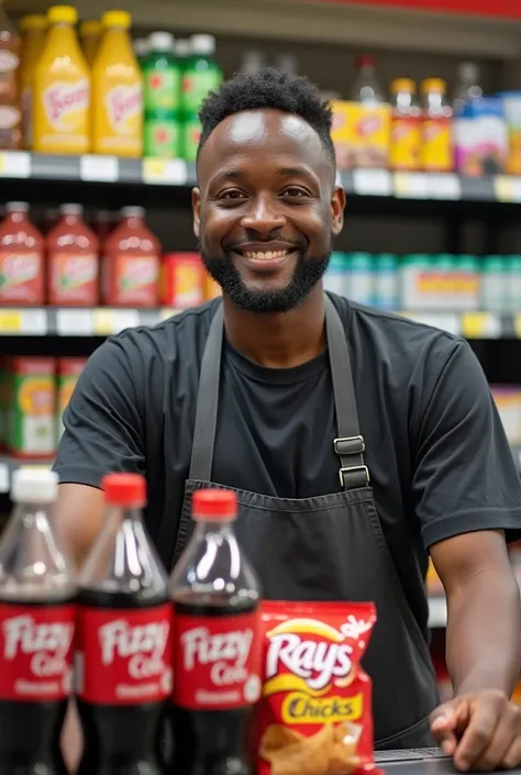 It looks like youve shared an image depicting a cashier at a store. The cashier is smiling and wearing an apron, standing behind a checkout counter. In front of him, there are items like soft drink bottles labeled "Fizzy Cola" and a snack bag of "Rays Chip...