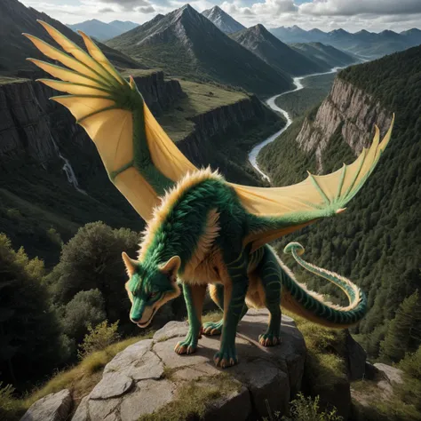 score_9, score_8_up, score_7_up, score_6_up, view from above, yellow void (dragon), with dorsal spines, stands, quadrupeds, (Fuzzy:1.4), Fur on all areas of the body, (very detailed fur:1.2), large membrane wings, green stripes, top view, (detailed backgro...