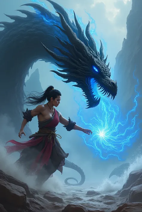  An Asian princess kicking a black dragon in blue flames in the neck. The princess who is muscular in her already worn clothes about to fall in the wind .