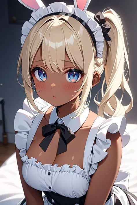 
((masterpiece)), ((best quality)), (ultra-detailed), ((kawaii)), cute, (lovely), ((extremely detailed)), 4K, (8K), best quality, (beautiful)  a , , solo,rabbit ear,(dark skin:1.3),(platinum blonde:1.4),side_ponytail,beautiful  (beautiful eyes),maid unifor...