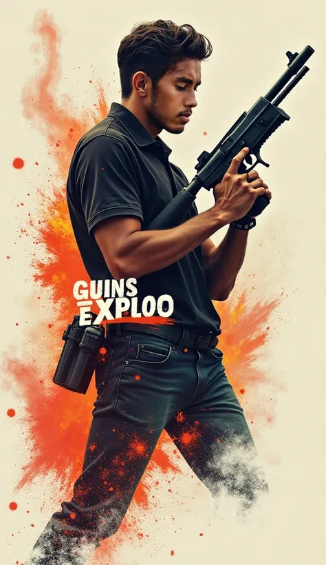 It also features a stylized image of a person holding a gun.
The text "GUNS & EXPLO" is likely a reference to guns and explosions, which are common