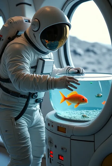 An astronaut looking after a fish in a fish tank on the moon