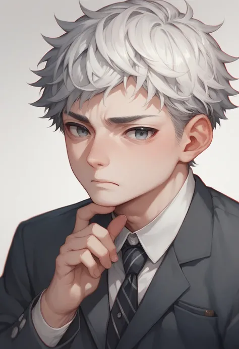 Anime is a young man with sad or happy features with bright white hair and gray eyes like a gray sapphire with white skin wearing school clothes. Japanese anime