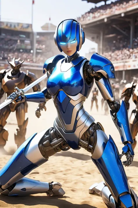 (female (Robot (holding sword))), robot face, glossy robot skin, blue bikini armor, Robot elbow, robot knee, robot groin, robot ankle, robot wrist, covered breasts, small waist, big hip, action pose, cowboy shot, in crowded arena, daylight