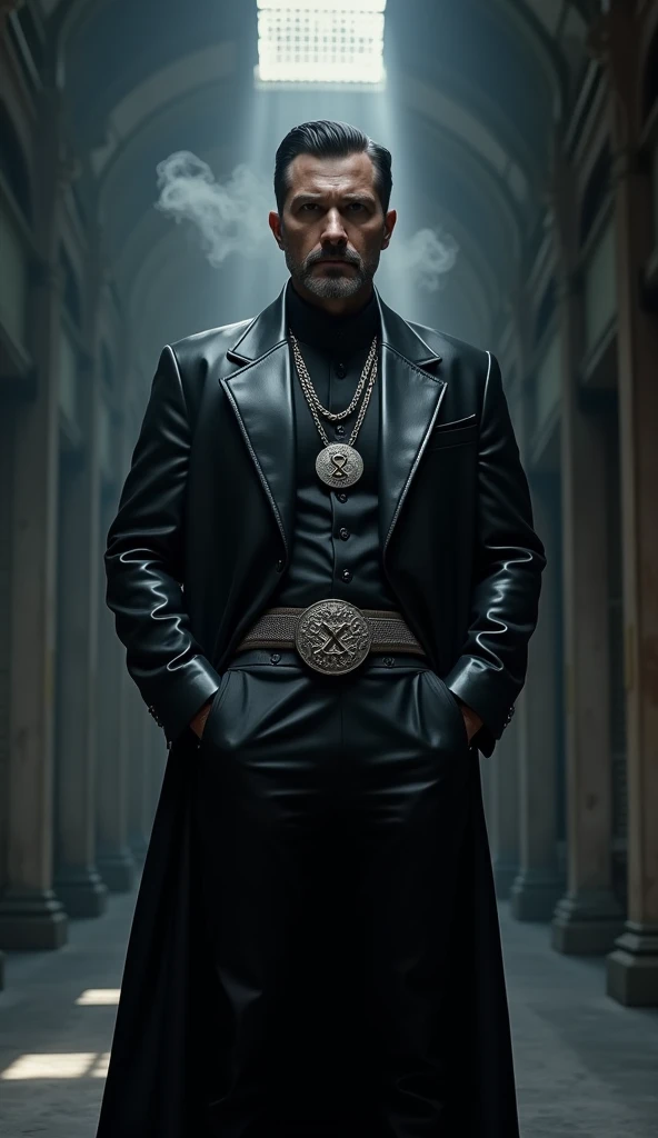 A man wearing a black leather Shanghai Godfather costume. He wears a silver necklace engraved with the figure eight, a long leather coat that reaches his knees, shiny black leather shoes, and a silver belt engraved with the figure eight. The background is ...