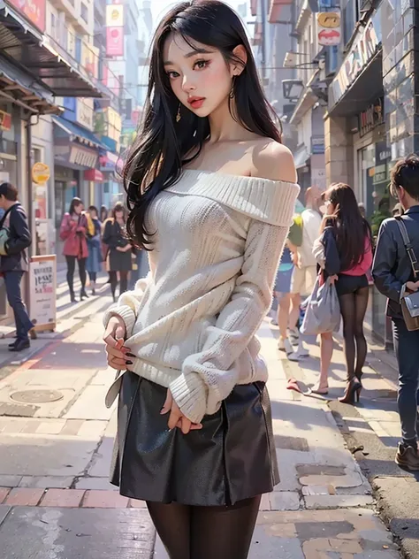 Hyper-realistic,photorealistic, super high definition painting,a beautiful young girl, Age 15、detailed face, Thick lips、Glossy lips、long black hair, Off Shoulder White Sweater Mini Dress , black tights,black heels,Highlight body lines with backlighting