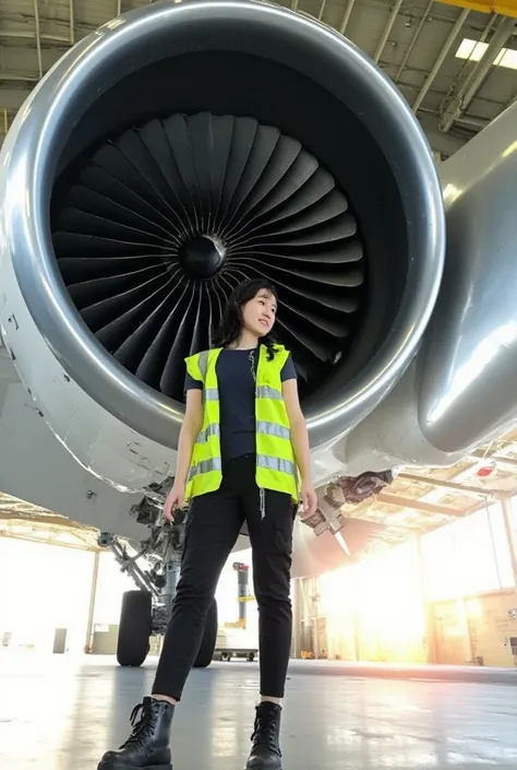 A photorealistic scene depicts a young woman standing casually beside a colossal airplane engine inside a pristine, brightly lit industrial hangar. The engine, a marvel of engineering, dominates the composition with its meticulously rendered polished metal...